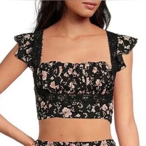Free People Bijou Cropped Ruffle Sleeve Top Women's 6 Black Combo Square Neck